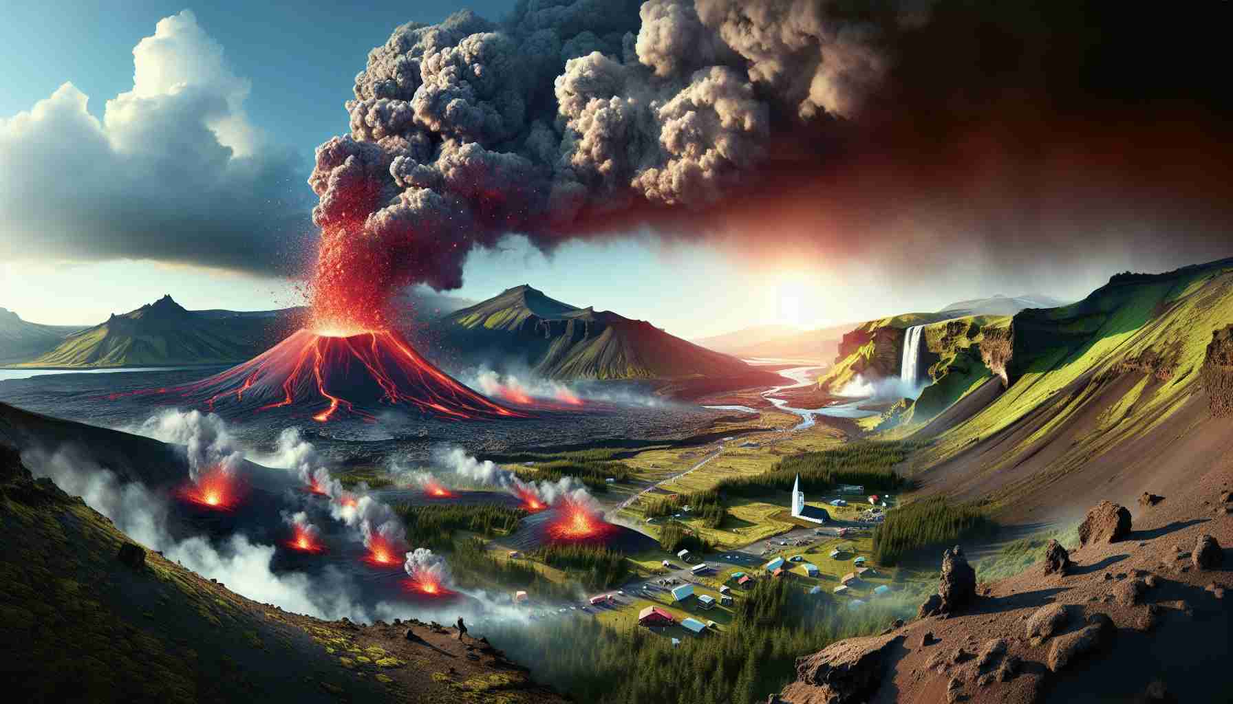 A high-definition illustration portraying a realistic scene where Iceland's active volcano is erupting, spewing red-hot lava towards a popular tourist location. The image should capture the unique geographical features of Iceland, including the dramatic volcanic landscape with smoke and ash billowing into the sky. Include a view of the nearby tourist hotspot and small silhouettes of awestruck tourists observing the spectacle from a safe distance.