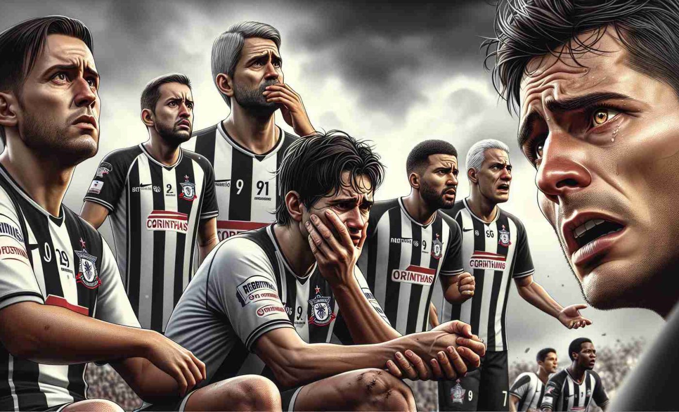 A high definition, realistic illustration of a tense situation within a top-tier football team. The team, Corinthians, expresses anxiety and determination as they contend with key injuries ahead of a crucial match. The picture focuses on the worried faces of the athletes, their coaches and supporting staff, detailing their emotions and the high stakes of their upcoming game.