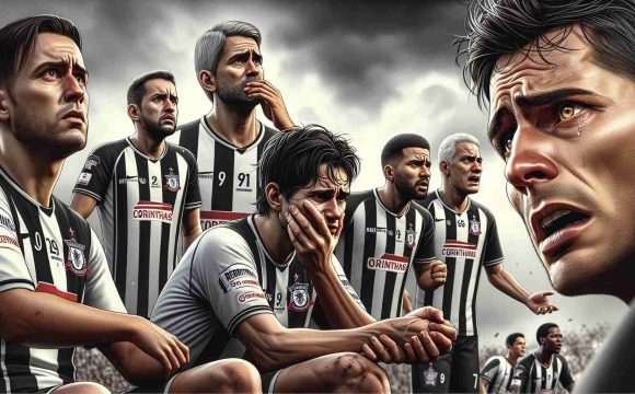 A high definition, realistic illustration of a tense situation within a top-tier football team. The team, Corinthians, expresses anxiety and determination as they contend with key injuries ahead of a crucial match. The picture focuses on the worried faces of the athletes, their coaches and supporting staff, detailing their emotions and the high stakes of their upcoming game.