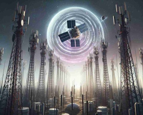 Generate a high-definition, realistic image showing the concept of revolutionary technology replacing mobile towers. The scene could depict a satellite in the sky, symbolising advanced communication technology, surrounded by traditional tall metal structures representing old cellular network towers. The visual seems to say 'goodbye' to these towers, suggesting a new era of technological advancements led by private space exploration companies.