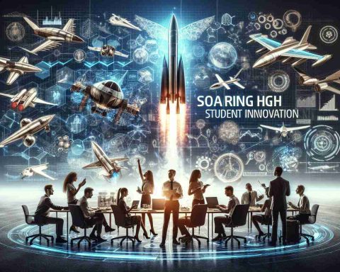 High definition image depicting the concept of soaring high, related to the theme of student innovation in Aerospace. Visualize a team of students from diverse descents, males and females, researching, working, brainstorming on aerospace projects. Symbolisms for their innovations might include advanced rocket models, plans of futuristic aircrafts, drones, space tech blueprints, etc. The atmosphere should be energetic, positive and saturated with the excitement of ground-breaking innovation. Include a banner or headline text saying 'Soaring High: How Team Redefines Student Innovation in Aerospace'.