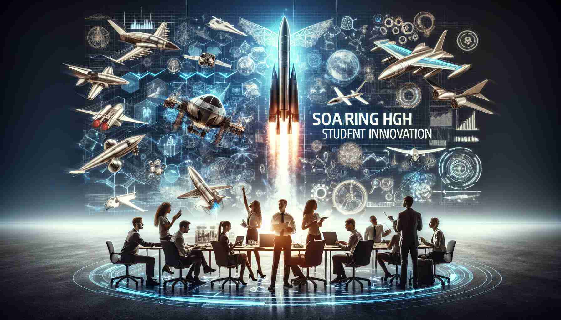 High definition image depicting the concept of soaring high, related to the theme of student innovation in Aerospace. Visualize a team of students from diverse descents, males and females, researching, working, brainstorming on aerospace projects. Symbolisms for their innovations might include advanced rocket models, plans of futuristic aircrafts, drones, space tech blueprints, etc. The atmosphere should be energetic, positive and saturated with the excitement of ground-breaking innovation. Include a banner or headline text saying 'Soaring High: How Team Redefines Student Innovation in Aerospace'.