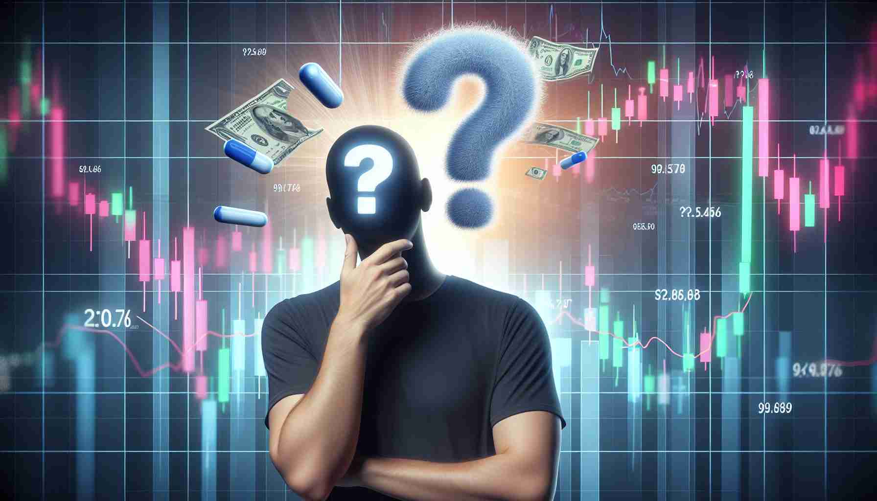 Create a realistic, high-definition image representing the conceptual idea of 'The SoFi Surprise'. This could include imagery such as a question mark symbolizing doubt, stocks fluctuating to illustrate the change in bets, and possibly a person with a puzzled expression contemplating an investment. Avoid any depictions of specific real persons or financial logos.