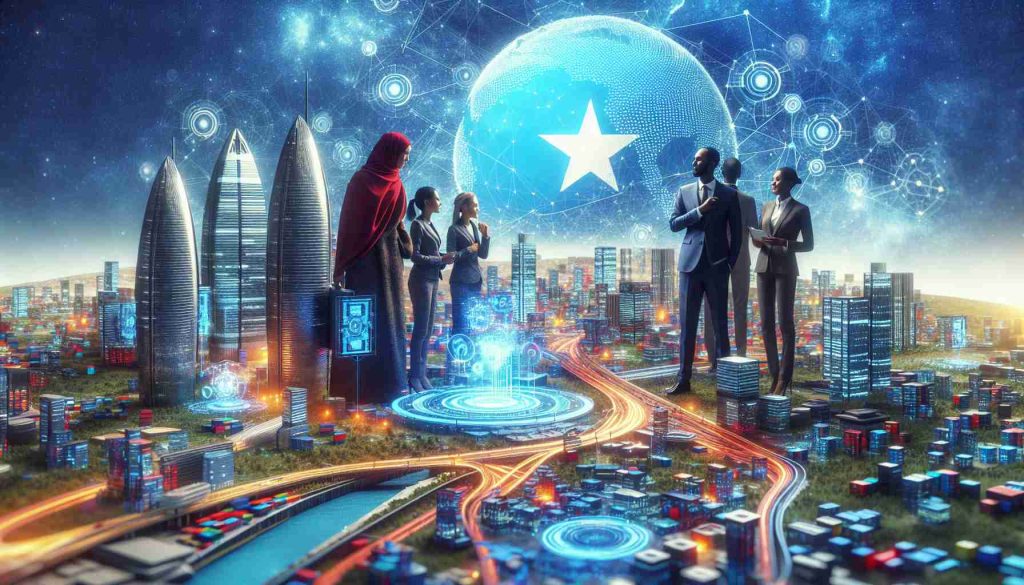 A high-definition, realistic depiction of a tech innovator from Somalia making a significant impact in South Korea. Illustrate the scene of a vibrant, progressive cityscape that represents the new era of technological innovation.