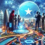 A high-definition, realistic depiction of a tech innovator from Somalia making a significant impact in South Korea. Illustrate the scene of a vibrant, progressive cityscape that represents the new era of technological innovation.