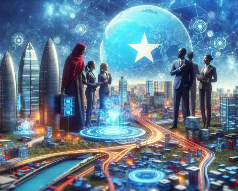 A high-definition, realistic depiction of a tech innovator from Somalia making a significant impact in South Korea. Illustrate the scene of a vibrant, progressive cityscape that represents the new era of technological innovation.