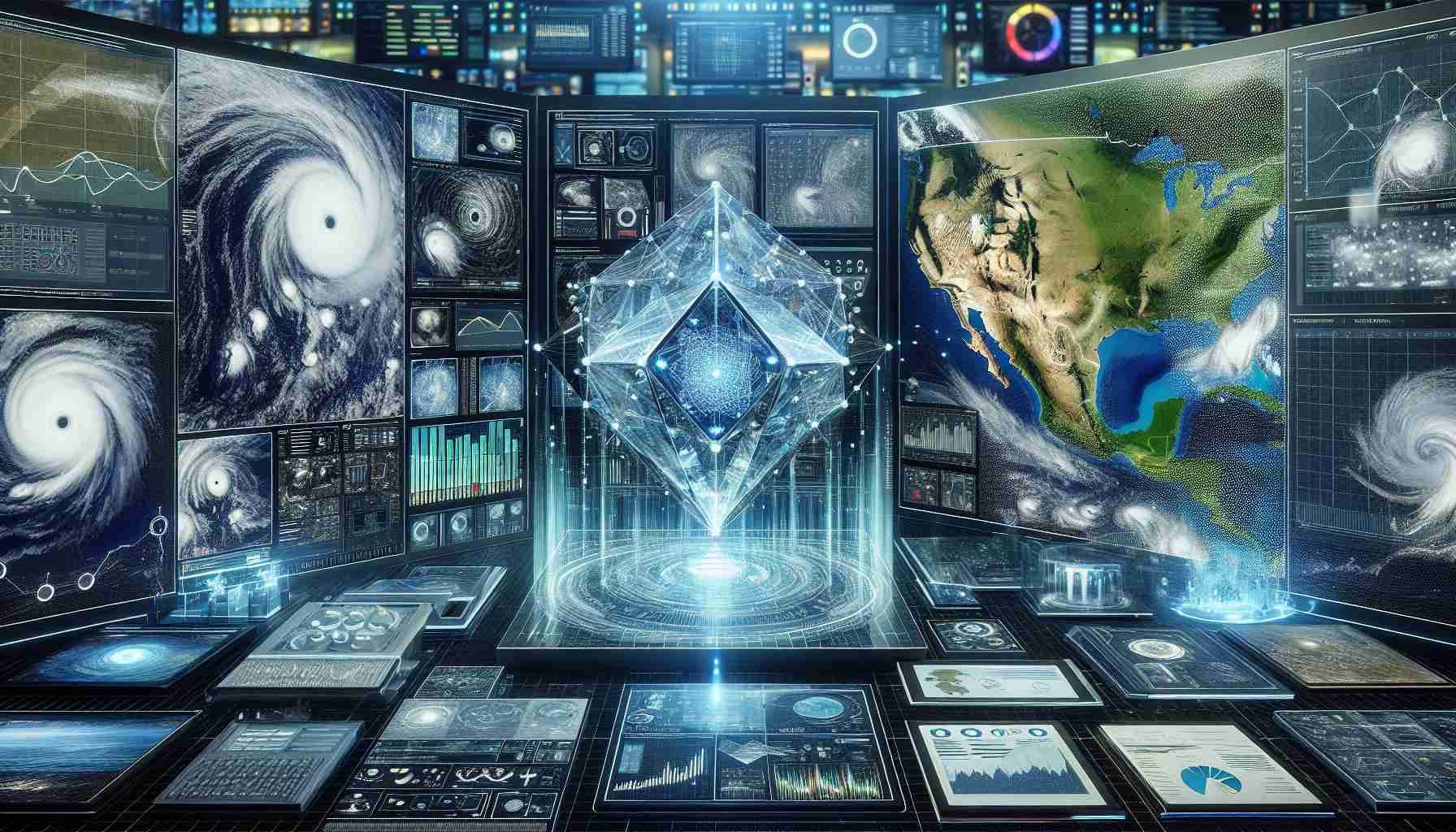 A detailed and realistic high-definition image of the 'Future of Hurricane Preparedness' represented as a groundbreaking Artificial Intelligence (AI) breakthrough. Picture a scene with large screens displaying complex weather patterns, data models, charts and predictions. In the center, depict a futuristic AI module, crystal-like and glowing, hinting at a central role in analyzing and predicting hurricanes. The surroundings should be full of cutting-edge technology gadgets and interfaces, symbolizing the next phase of disaster management technology.