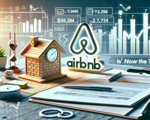 A high-definition, realistic image that encapsulates the theme of investment in Airbnb. The image can include a visualization of the Airbnb logo, financial charts indicating growth or decline, a whiteboard or notebook with a list highlighting crucial points to consider while investing, and a question mark symbolizing the decision-making process. Additionally, a clock or an hourglass can be added to the scene to signify the phrase 'Is Now the Time'.