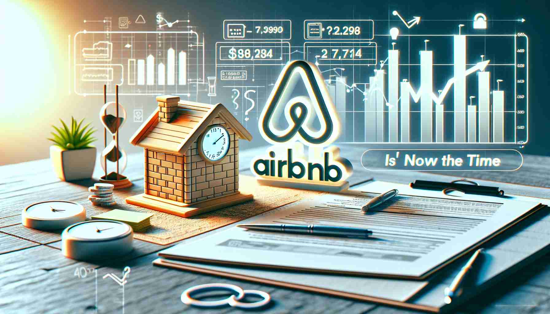 A high-definition, realistic image that encapsulates the theme of investment in Airbnb. The image can include a visualization of the Airbnb logo, financial charts indicating growth or decline, a whiteboard or notebook with a list highlighting crucial points to consider while investing, and a question mark symbolizing the decision-making process. Additionally, a clock or an hourglass can be added to the scene to signify the phrase 'Is Now the Time'.