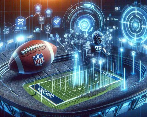 A realistic, high-definition image that illustrates the digital transformation of a professional American football team based in Chicago. The image could depict digital elements such as advanced data analytics, virtual reality training scenarios, digitalized stadiums or innovative game strategies that rely on artificial intelligence. The future of American football shown through tech advancements.