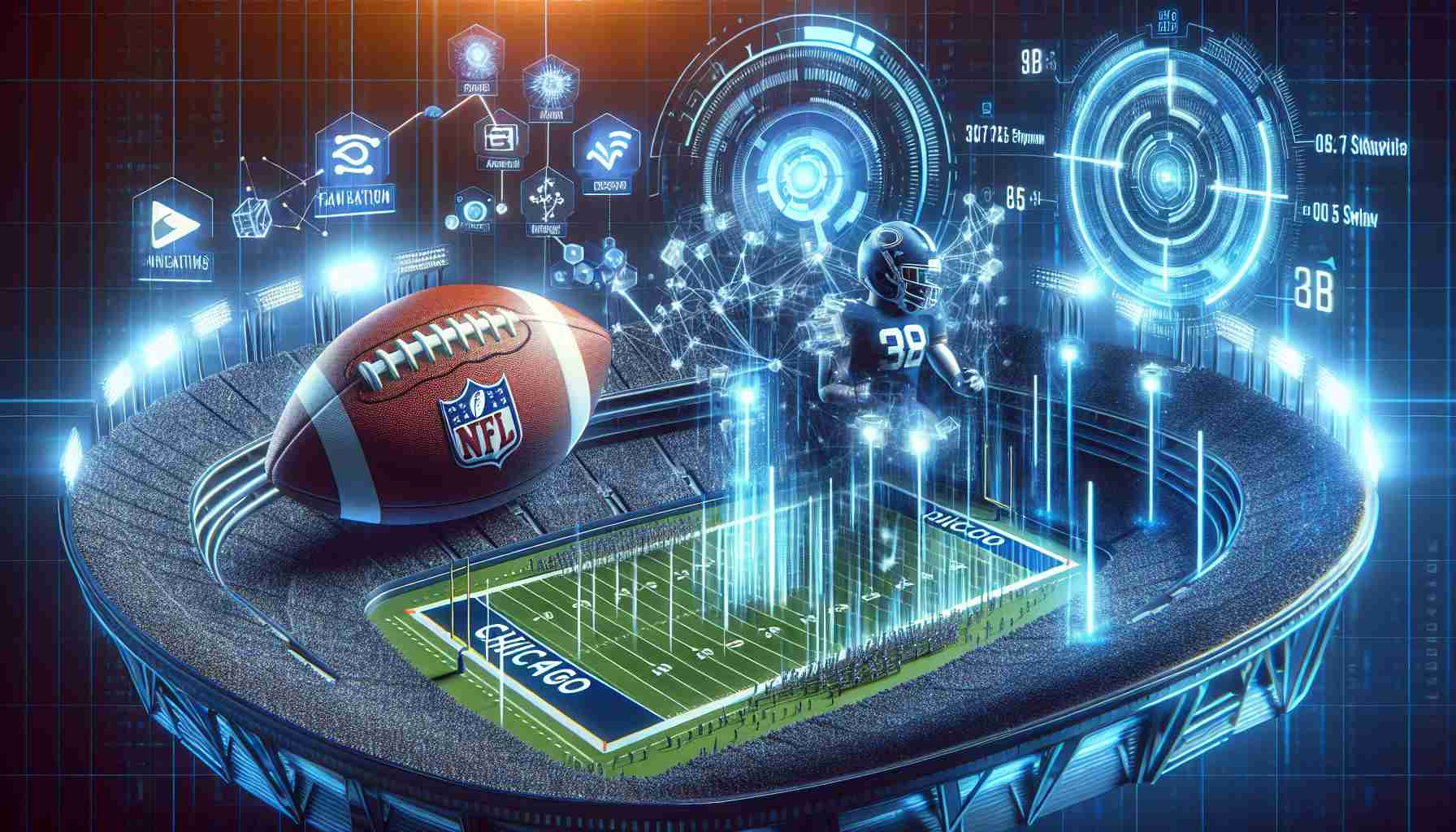 A realistic, high-definition image that illustrates the digital transformation of a professional American football team based in Chicago. The image could depict digital elements such as advanced data analytics, virtual reality training scenarios, digitalized stadiums or innovative game strategies that rely on artificial intelligence. The future of American football shown through tech advancements.