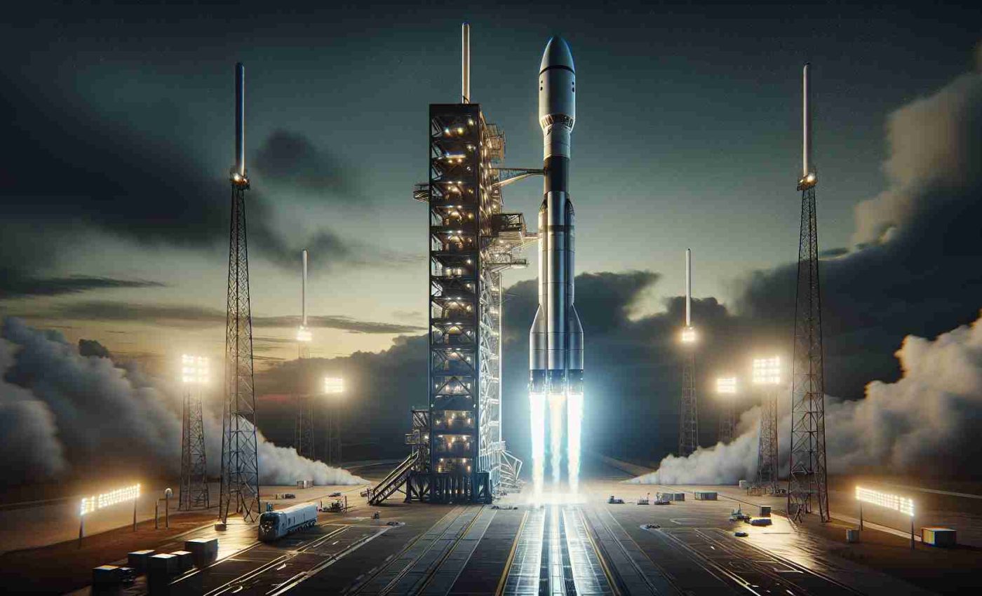 Realistic high definition image of a private space exploration company's launchpad, with a towering and sleek rocket standing tall, ready for takeoff. The atmosphere is abuzz with excitement as the company is about to hit a significant milestone in reusable rocket technology. The sky behind is dramatic, possibly hinting at a dawn or dusk launch, and the ground equipment around the rocket gives the scene an industrialized and technologically advanced air.