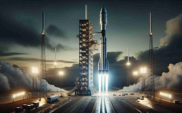 Realistic high definition image of a private space exploration company's launchpad, with a towering and sleek rocket standing tall, ready for takeoff. The atmosphere is abuzz with excitement as the company is about to hit a significant milestone in reusable rocket technology. The sky behind is dramatic, possibly hinting at a dawn or dusk launch, and the ground equipment around the rocket gives the scene an industrialized and technologically advanced air.