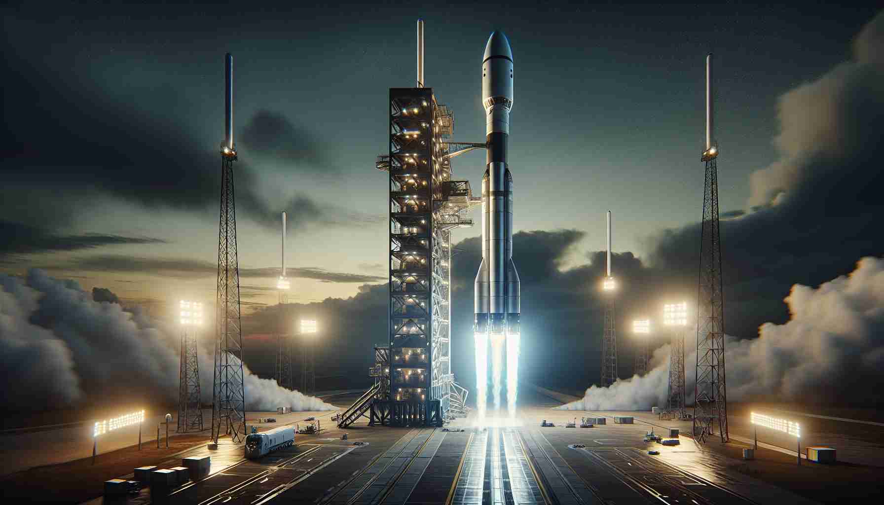 Realistic high definition image of a private space exploration company's launchpad, with a towering and sleek rocket standing tall, ready for takeoff. The atmosphere is abuzz with excitement as the company is about to hit a significant milestone in reusable rocket technology. The sky behind is dramatic, possibly hinting at a dawn or dusk launch, and the ground equipment around the rocket gives the scene an industrialized and technologically advanced air.