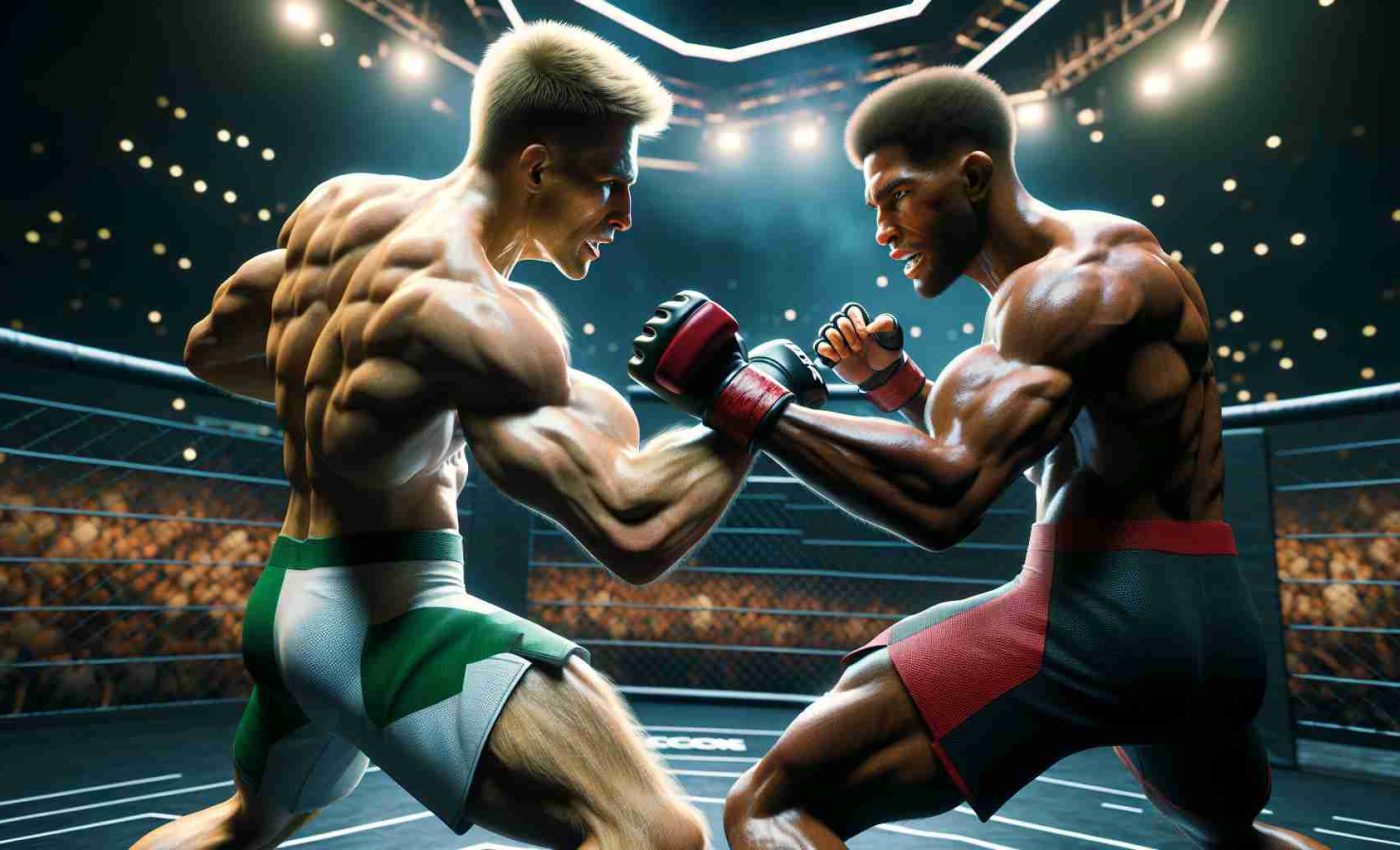 Realistic HD rendition of an intense, high-stakes sports event inside an octagon. Two muscular athletes are engaged in combat; one with short blond hair, sporting green and white trunks, and the other with short dark hair in red and black trunks. The atmosphere is electric, with intense focus both in and outside the ring, expressing the importance of the event.