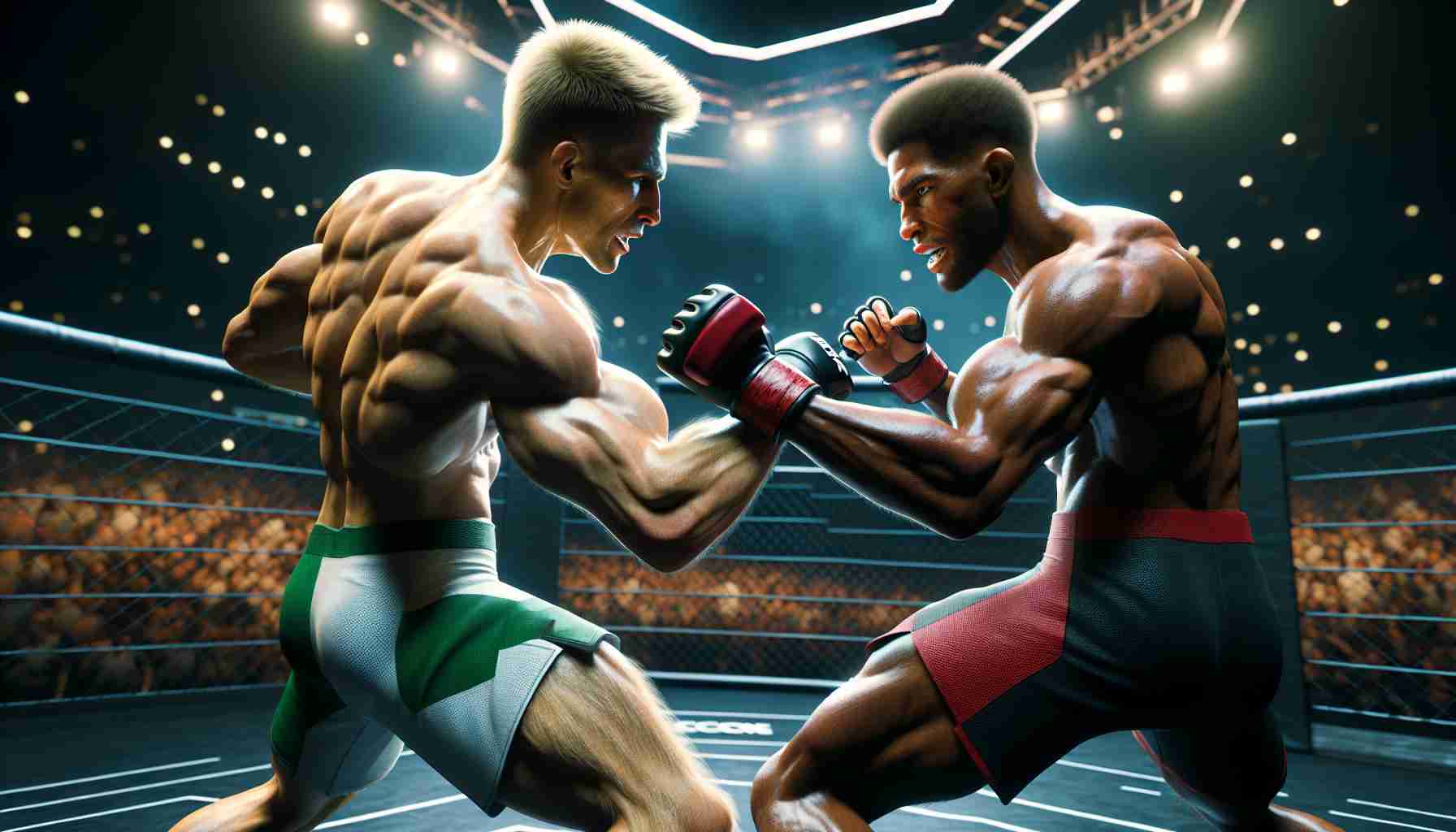 Realistic HD rendition of an intense, high-stakes sports event inside an octagon. Two muscular athletes are engaged in combat; one with short blond hair, sporting green and white trunks, and the other with short dark hair in red and black trunks. The atmosphere is electric, with intense focus both in and outside the ring, expressing the importance of the event.