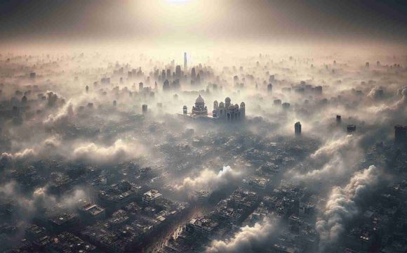 High-definition, realistic image of Delhi's air pollution crisis: The city is seen bathed in a thick blanket of smog, significantly reducing visibility. Major landmarks are obscured due to the heavy aerosols in the atmosphere. Expressive portrayal of urgency and emergency is emphasized, indicating the need for immediate intervention and action to address the severe environmental hazard.