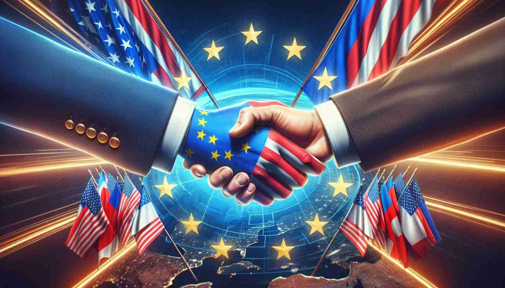 Create a high-definition, realistic image representing 'US Expanding Support for a European country'. This image should visually depict a strategic move of one country helping another amidst rising tensions, without featuring any specific politicians or public figures. It could include symbols like handshake between two people representing the countries, official flags, and maybe a backdrop suggestive of diplomatic offices.