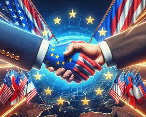 Create a high-definition, realistic image representing 'US Expanding Support for a European country'. This image should visually depict a strategic move of one country helping another amidst rising tensions, without featuring any specific politicians or public figures. It could include symbols like handshake between two people representing the countries, official flags, and maybe a backdrop suggestive of diplomatic offices.