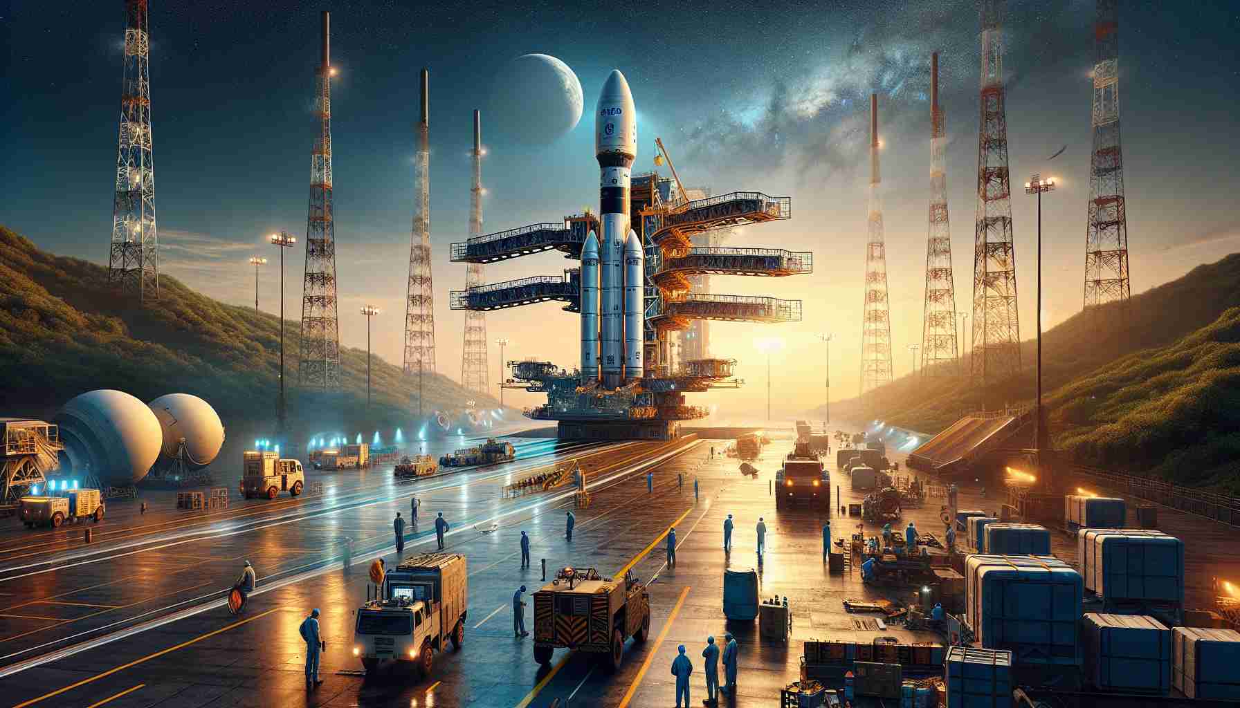 A detailed, high-definition image depicting the scene of India's groundbreaking satellite, RSAT-20, prepared for a launch. The setting includes the launch pad, with the majestic satellite highlighted under suitable lighting and a serene sky. Also include nearby engineering teams, working diligently on their final checks before the anticipated launch. An aesthetic caption on the side reads: 'RSAT-20 Set for Launch: What You Need to Know'. The environment portrays tension, anticipation, and excitement signifying the momentous occasion.