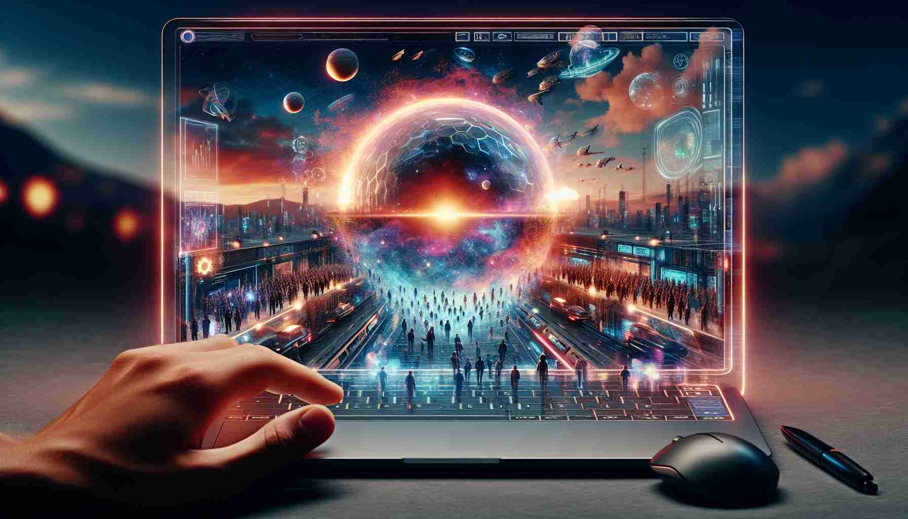 Generate a hyper-realistic image that depicts the dawn of super microcomputers. Envision the scene as showcasing the start of a new era in computing. The computers should be incredibly small, portable and powerful, boasting of advanced technology. Include such features as holographic projections, interactive displays, and advanced artificial intelligence. The image should also invoke a sense of unprecedented progress and the excitement of technological breakthrough.