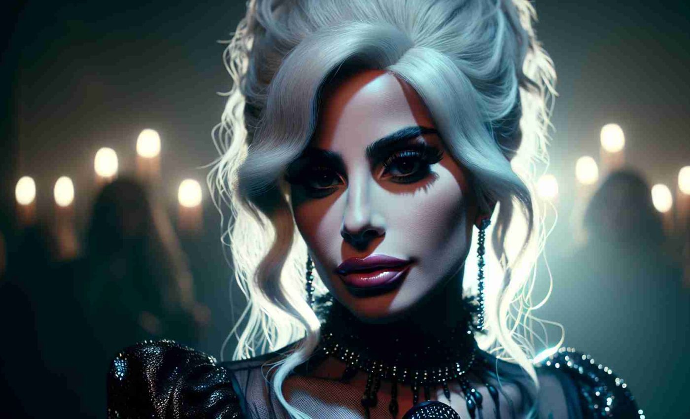 Create a realistic HD image of a female pop singer with signature platinum blonde hair and extravagant fashion style, similar to a well-known but not explicit musical artist. She is revealed as a part of the cast of a hypothetical second season of a gothic, mystery TV series. The ambience is filled with anticipation and curiosity about her new role.