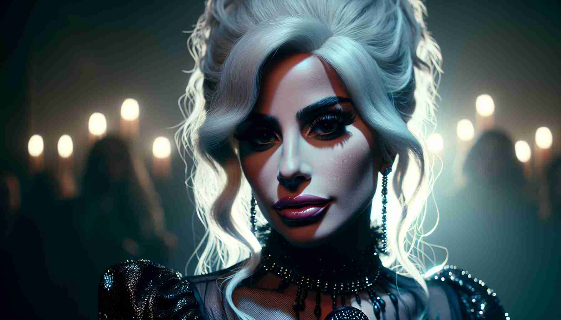 Create a realistic HD image of a female pop singer with signature platinum blonde hair and extravagant fashion style, similar to a well-known but not explicit musical artist. She is revealed as a part of the cast of a hypothetical second season of a gothic, mystery TV series. The ambience is filled with anticipation and curiosity about her new role.