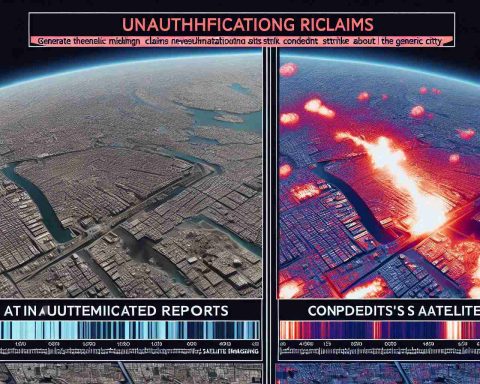 Generate a realistic high-definition photo representing the concept of misleading claims in the context of satellite imaging, demonstrating the revelation of truth about a theoretical strike on a generic city. This should display a juxtaposition of two images, the first representing unauthenticated reports and the second showing satellite imagery that contradicts the unauthenticated claims. Please remember to make it apparent that the second image is a satellite photo with characteristic features, such as heatmap signatures or geographical coordinates.