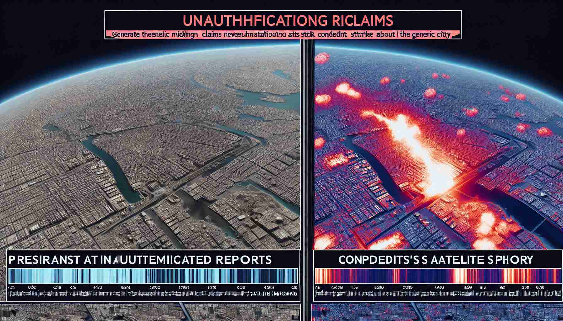 Generate a realistic high-definition photo representing the concept of misleading claims in the context of satellite imaging, demonstrating the revelation of truth about a theoretical strike on a generic city. This should display a juxtaposition of two images, the first representing unauthenticated reports and the second showing satellite imagery that contradicts the unauthenticated claims. Please remember to make it apparent that the second image is a satellite photo with characteristic features, such as heatmap signatures or geographical coordinates.