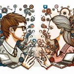 Illustrate an intricate, high-definition image representing the concept of 'Empathy Meets Storytelling in the Digital Age'. Imagine two figures, one male and one female, engaging in deep conversation. The male figure should have a kind, empathetic expression with light brown hair and glasses. The female figure should be captivating, expressive with blonde hair. They are surrounded by symbols of the digital age such as laptops, smartphones and social media icons.