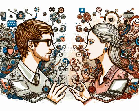 Illustrate an intricate, high-definition image representing the concept of 'Empathy Meets Storytelling in the Digital Age'. Imagine two figures, one male and one female, engaging in deep conversation. The male figure should have a kind, empathetic expression with light brown hair and glasses. The female figure should be captivating, expressive with blonde hair. They are surrounded by symbols of the digital age such as laptops, smartphones and social media icons.