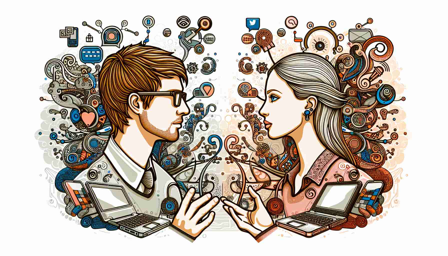 Illustrate an intricate, high-definition image representing the concept of 'Empathy Meets Storytelling in the Digital Age'. Imagine two figures, one male and one female, engaging in deep conversation. The male figure should have a kind, empathetic expression with light brown hair and glasses. The female figure should be captivating, expressive with blonde hair. They are surrounded by symbols of the digital age such as laptops, smartphones and social media icons.