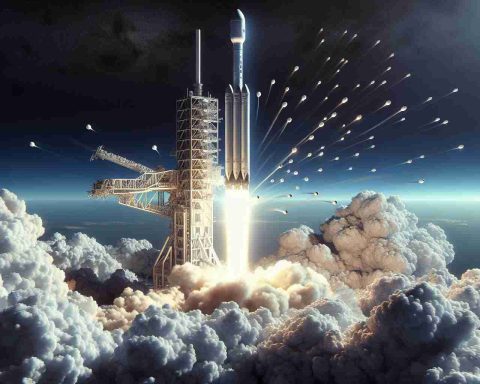 A highly detailed and realistic image showcasing the launch of a generic space company's sizeable rocket. This impressive vehicle, designed similar to the Falcon 9 model, is shown soaring high in the sky, representing a momentous occasion of space exploration. You can see the ignition of its engines, leaving behind a trail of thick, billowing smoke. The bright, clear, blue sky contrasts dramatically with the rocket and its smoke trail. 23 small physical structures, interpreted to be communication satellites similar to those of the Starlink project, are depicted beginning to disperse in the endless cosmic arena.