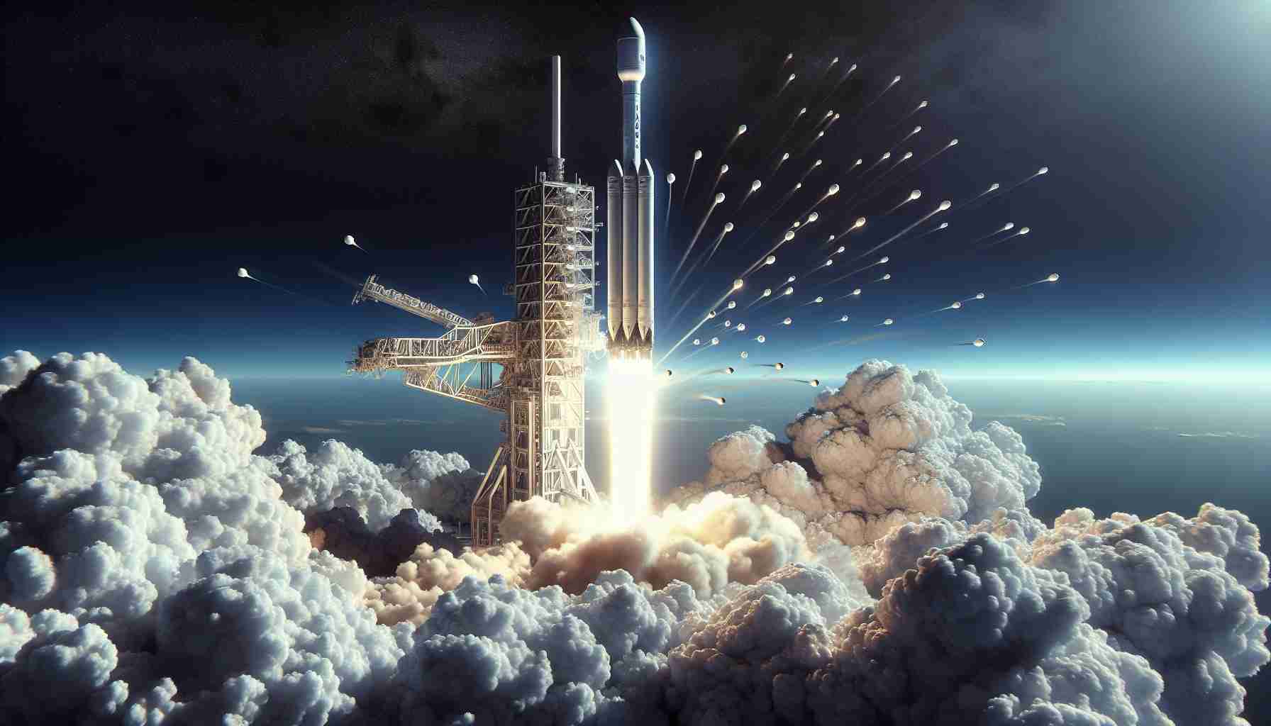 A highly detailed and realistic image showcasing the launch of a generic space company's sizeable rocket. This impressive vehicle, designed similar to the Falcon 9 model, is shown soaring high in the sky, representing a momentous occasion of space exploration. You can see the ignition of its engines, leaving behind a trail of thick, billowing smoke. The bright, clear, blue sky contrasts dramatically with the rocket and its smoke trail. 23 small physical structures, interpreted to be communication satellites similar to those of the Starlink project, are depicted beginning to disperse in the endless cosmic arena.