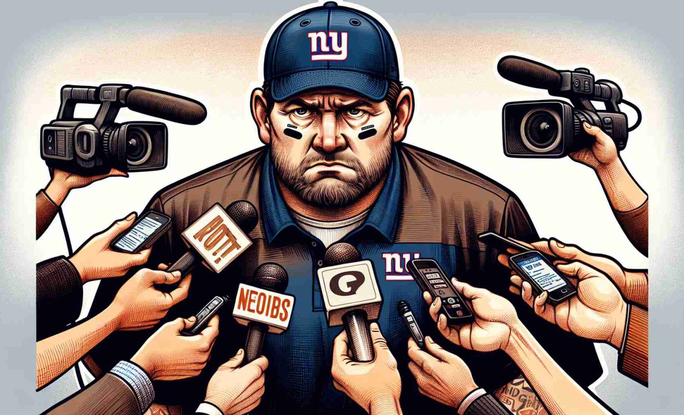 A detailed illustration of an American football coach from a giant-themed team, looking quite upset and disappointed after a game. He is in an interview setting, surrounded by journalists and cameras, ready to speak, dropping what feels like a bombshell. His demeanor suggests that he might be blaming his team's quarterback. Notes of question are visibly present on the faces of the journalists.