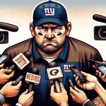 A detailed illustration of an American football coach from a giant-themed team, looking quite upset and disappointed after a game. He is in an interview setting, surrounded by journalists and cameras, ready to speak, dropping what feels like a bombshell. His demeanor suggests that he might be blaming his team's quarterback. Notes of question are visibly present on the faces of the journalists.