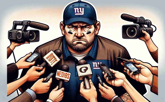 A detailed illustration of an American football coach from a giant-themed team, looking quite upset and disappointed after a game. He is in an interview setting, surrounded by journalists and cameras, ready to speak, dropping what feels like a bombshell. His demeanor suggests that he might be blaming his team's quarterback. Notes of question are visibly present on the faces of the journalists.