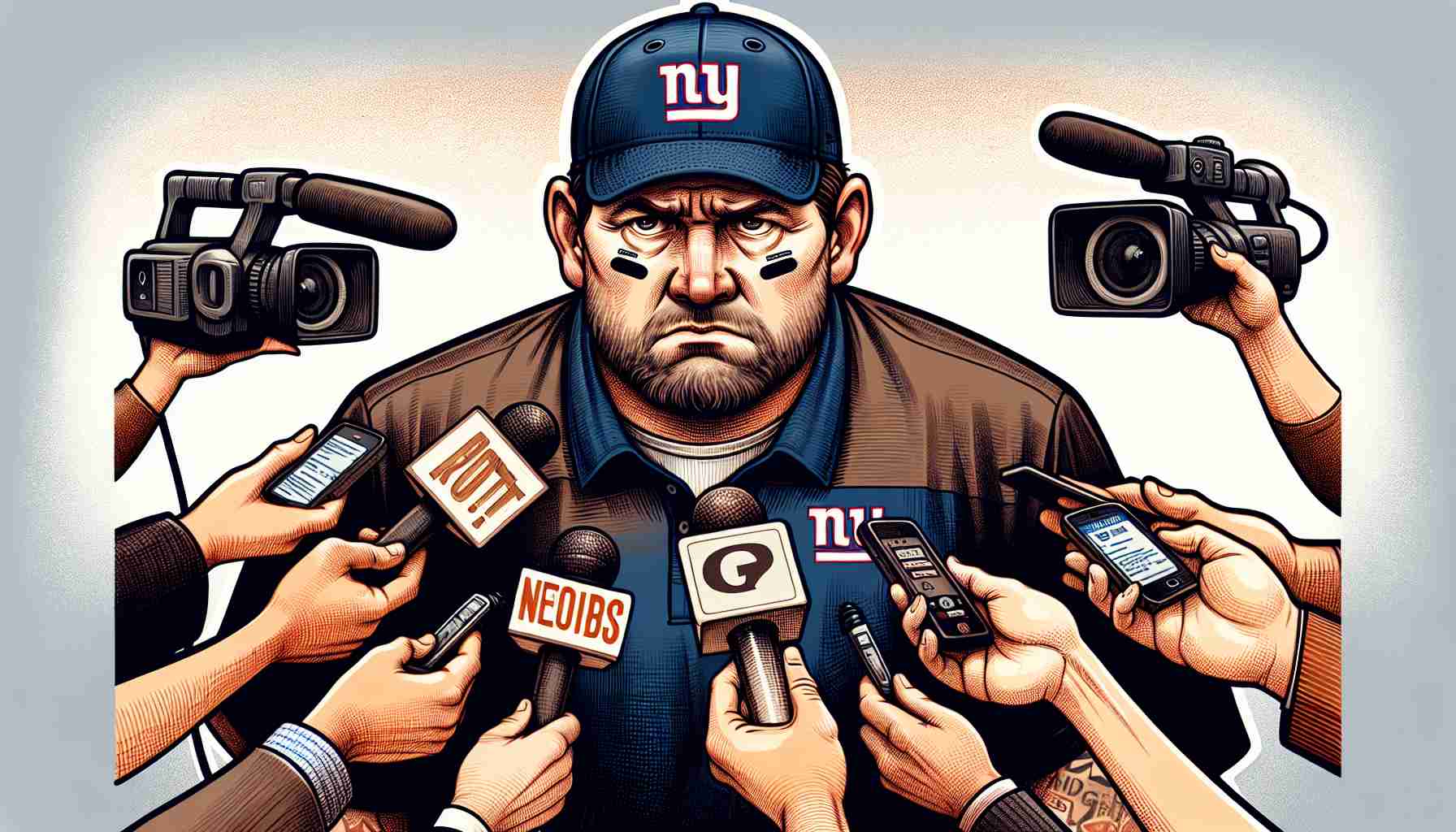 A detailed illustration of an American football coach from a giant-themed team, looking quite upset and disappointed after a game. He is in an interview setting, surrounded by journalists and cameras, ready to speak, dropping what feels like a bombshell. His demeanor suggests that he might be blaming his team's quarterback. Notes of question are visibly present on the faces of the journalists.