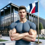 A high-definition, realistic image depicting a male fitness trainer of Caucasian descent, who we'll refer to as Trainer John, broadening his business landscape with a new venture in France. He stands proudly in front of a modern gym facility with the French flag flying high in the blue sky. He carries an expression of optimism and determination, ready to take on this new challenge.