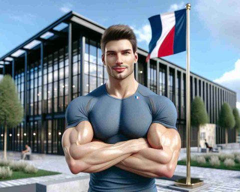 A high-definition, realistic image depicting a male fitness trainer of Caucasian descent, who we'll refer to as Trainer John, broadening his business landscape with a new venture in France. He stands proudly in front of a modern gym facility with the French flag flying high in the blue sky. He carries an expression of optimism and determination, ready to take on this new challenge.