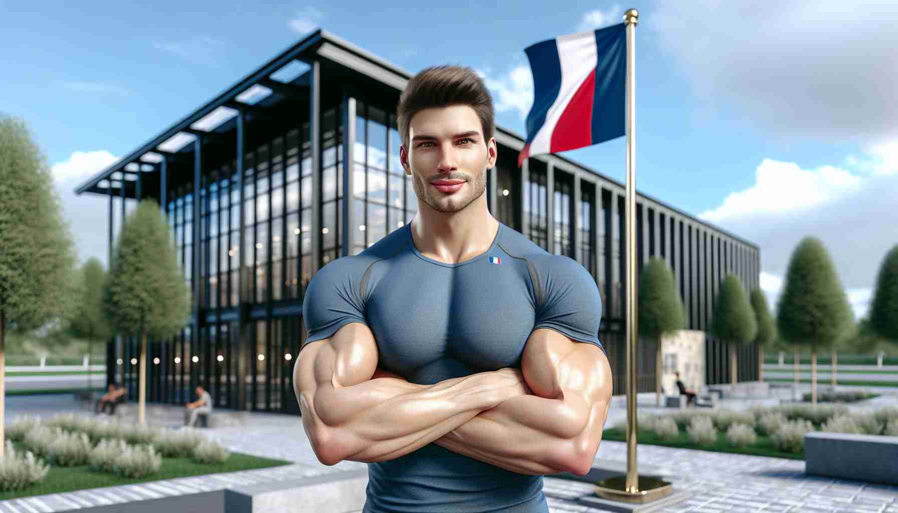 A high-definition, realistic image depicting a male fitness trainer of Caucasian descent, who we'll refer to as Trainer John, broadening his business landscape with a new venture in France. He stands proudly in front of a modern gym facility with the French flag flying high in the blue sky. He carries an expression of optimism and determination, ready to take on this new challenge.