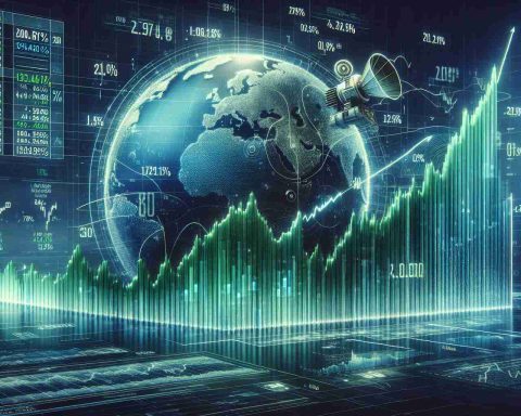 A detailed and realistic graphic representation of a stock chart, showing a remarkable surge. The chart belongs to a hypothetical company based in China that specializes in satellite communications. The image portrays an upward trend with green-colored bars, capturing an exceptional increase in the share price over time. Time markers, percentage changes, and other relevant financial information can be seen in the image. Note: The target image aims to reflect the general concept of a significant stock rise, rather than a specific company's precise data.