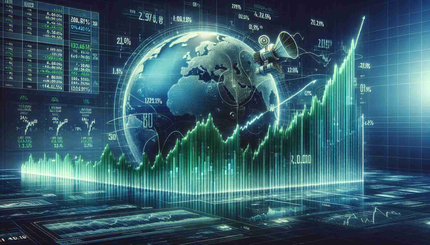 A detailed and realistic graphic representation of a stock chart, showing a remarkable surge. The chart belongs to a hypothetical company based in China that specializes in satellite communications. The image portrays an upward trend with green-colored bars, capturing an exceptional increase in the share price over time. Time markers, percentage changes, and other relevant financial information can be seen in the image. Note: The target image aims to reflect the general concept of a significant stock rise, rather than a specific company's precise data.