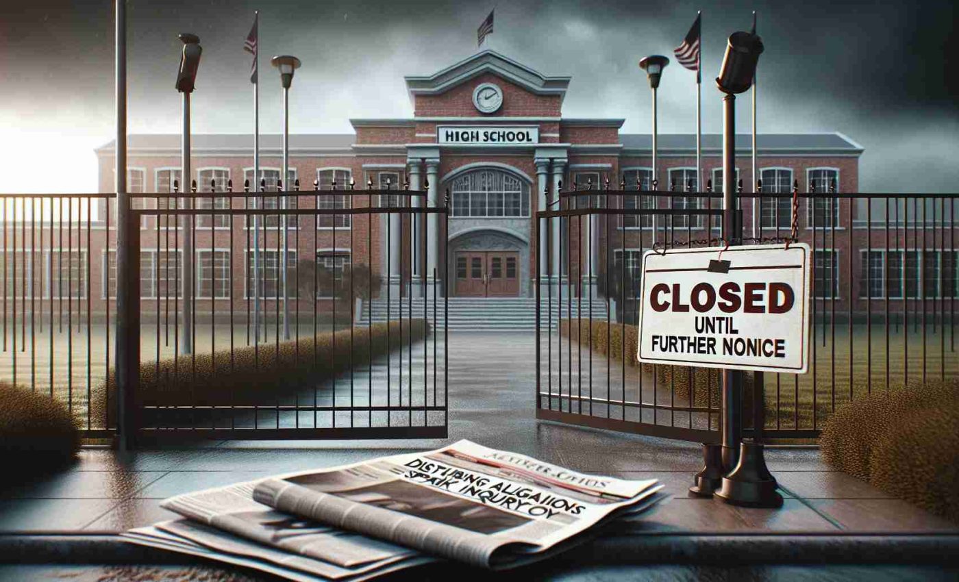 A realistic high-definition image depicting the entrance of a generic high school with closed gates symbolizing a shutdown, with a sign in front claiming 'Closed Until Further Notice'. The surrounding ambiance is solemn, gloomy, and heavy on an overcast day denoting a disturbing incident. A newspaper flies in the wind, showing a headline that reads, 'Disturbing Allegations Spark Inquiry.'