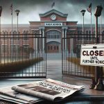 A realistic high-definition image depicting the entrance of a generic high school with closed gates symbolizing a shutdown, with a sign in front claiming 'Closed Until Further Notice'. The surrounding ambiance is solemn, gloomy, and heavy on an overcast day denoting a disturbing incident. A newspaper flies in the wind, showing a headline that reads, 'Disturbing Allegations Spark Inquiry.'