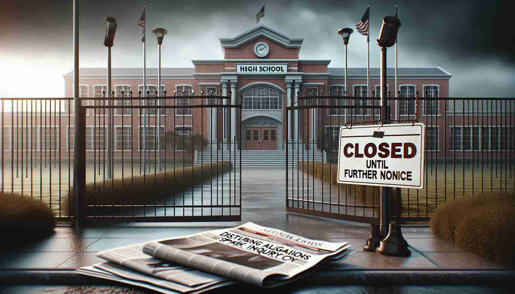 A realistic high-definition image depicting the entrance of a generic high school with closed gates symbolizing a shutdown, with a sign in front claiming 'Closed Until Further Notice'. The surrounding ambiance is solemn, gloomy, and heavy on an overcast day denoting a disturbing incident. A newspaper flies in the wind, showing a headline that reads, 'Disturbing Allegations Spark Inquiry.'