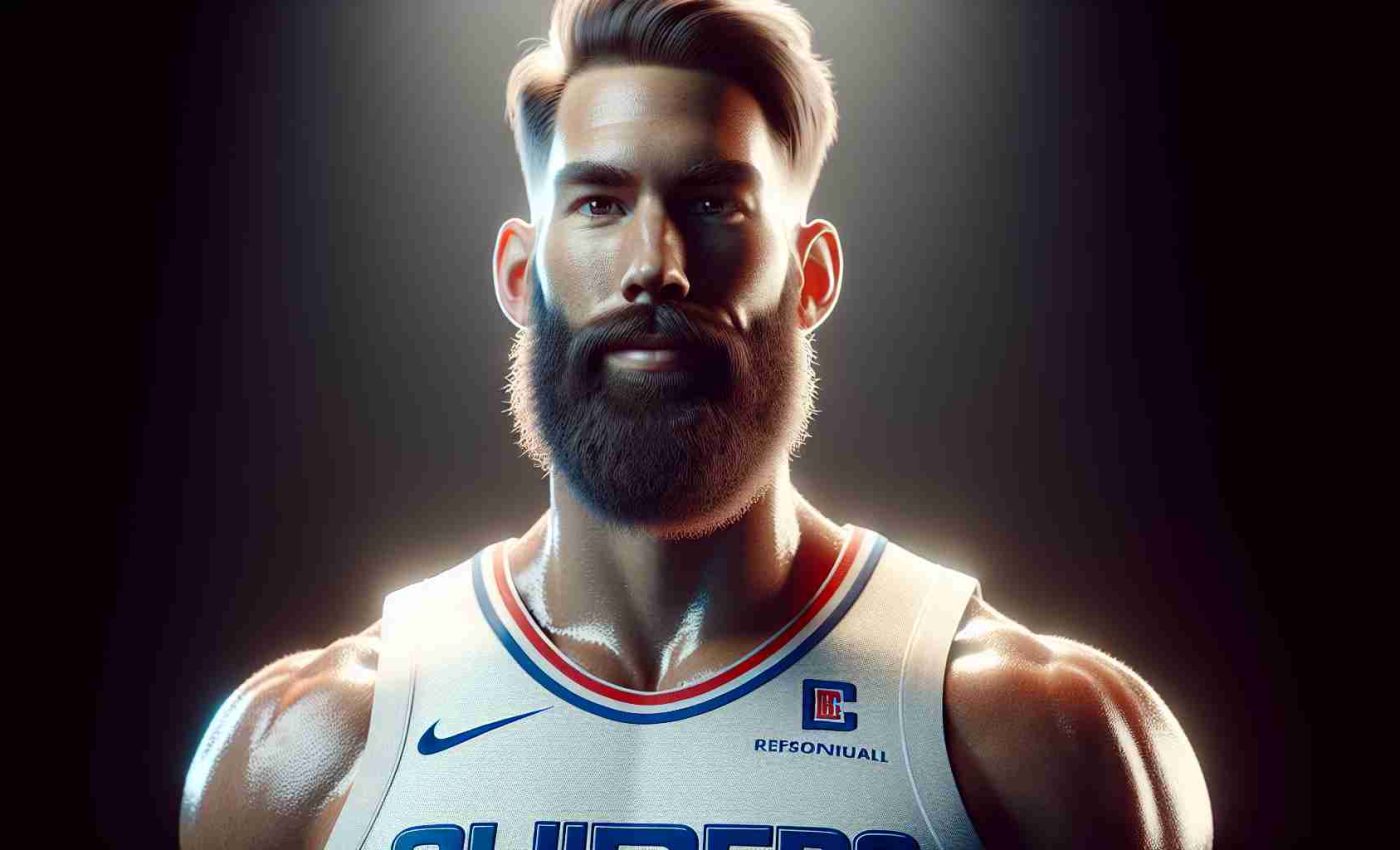 High definition, realistic image of a tall, athletic basketball player with a prominent beard, shining bright due to his exceptional performance in the early basketball season for the Clippers. The player has a muscular build, charisma and displays a focused gaze on the court.