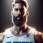 High definition, realistic image of a tall, athletic basketball player with a prominent beard, shining bright due to his exceptional performance in the early basketball season for the Clippers. The player has a muscular build, charisma and displays a focused gaze on the court.