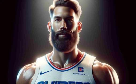 High definition, realistic image of a tall, athletic basketball player with a prominent beard, shining bright due to his exceptional performance in the early basketball season for the Clippers. The player has a muscular build, charisma and displays a focused gaze on the court.