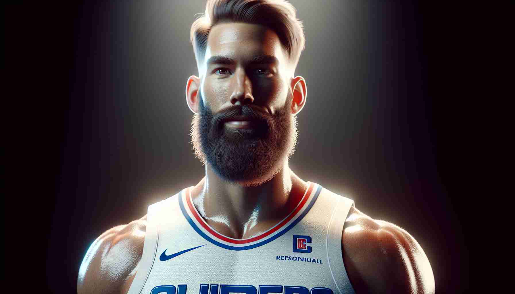 High definition, realistic image of a tall, athletic basketball player with a prominent beard, shining bright due to his exceptional performance in the early basketball season for the Clippers. The player has a muscular build, charisma and displays a focused gaze on the court.